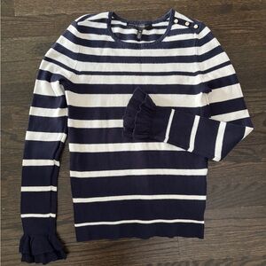 White House Black Market Striped Navy and White Sweater with Ruffles Cuffs